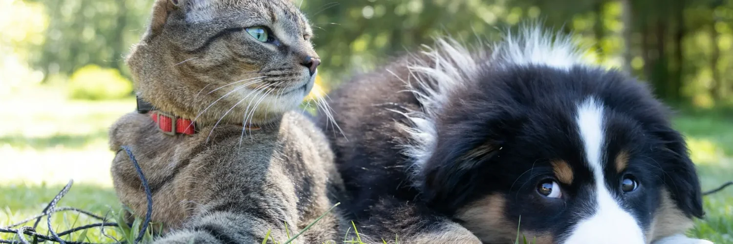 Cat and Dog Laying Together in Grass